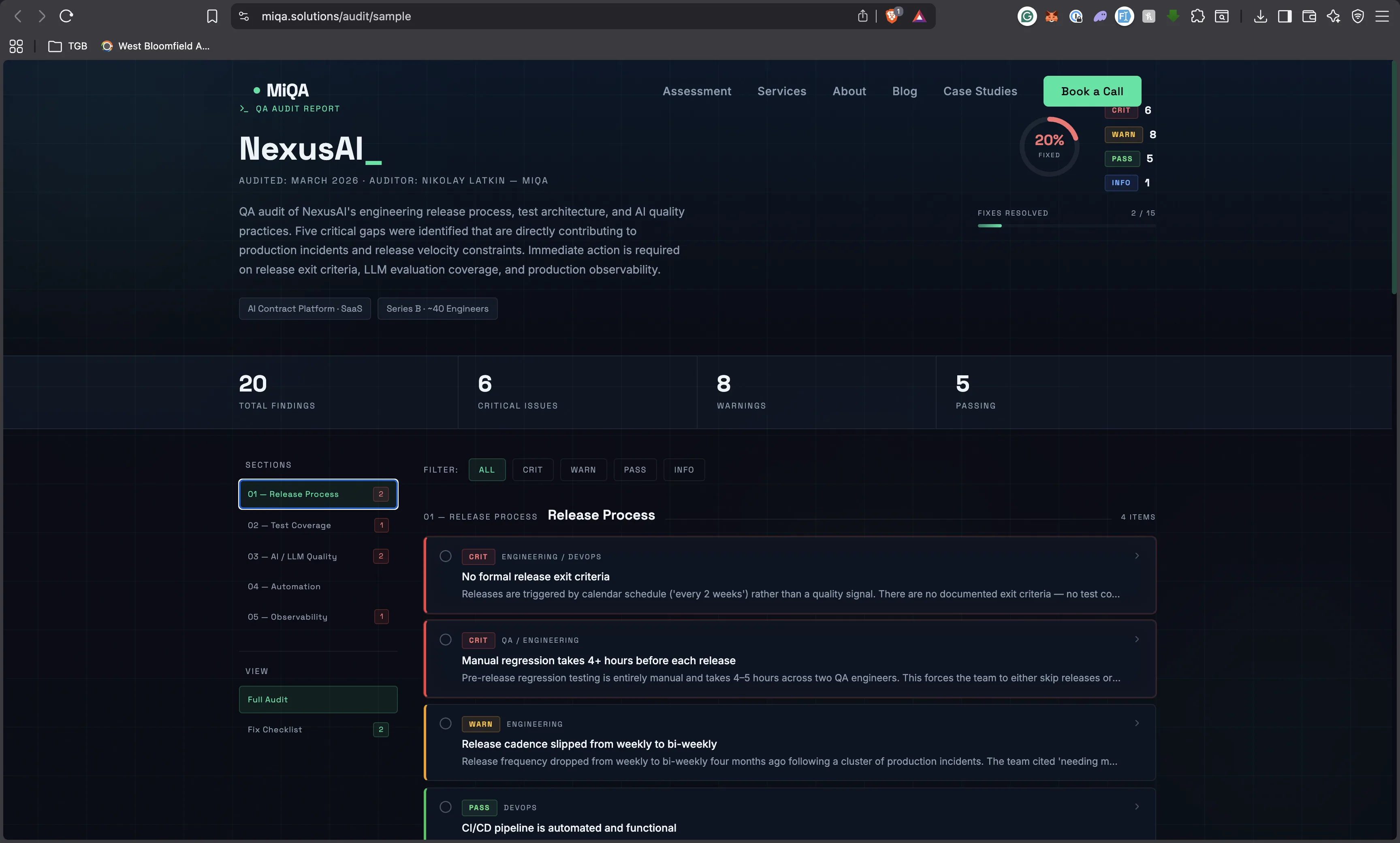 MiQA Audit Dashboard — full audit view with findings organized by section and severity