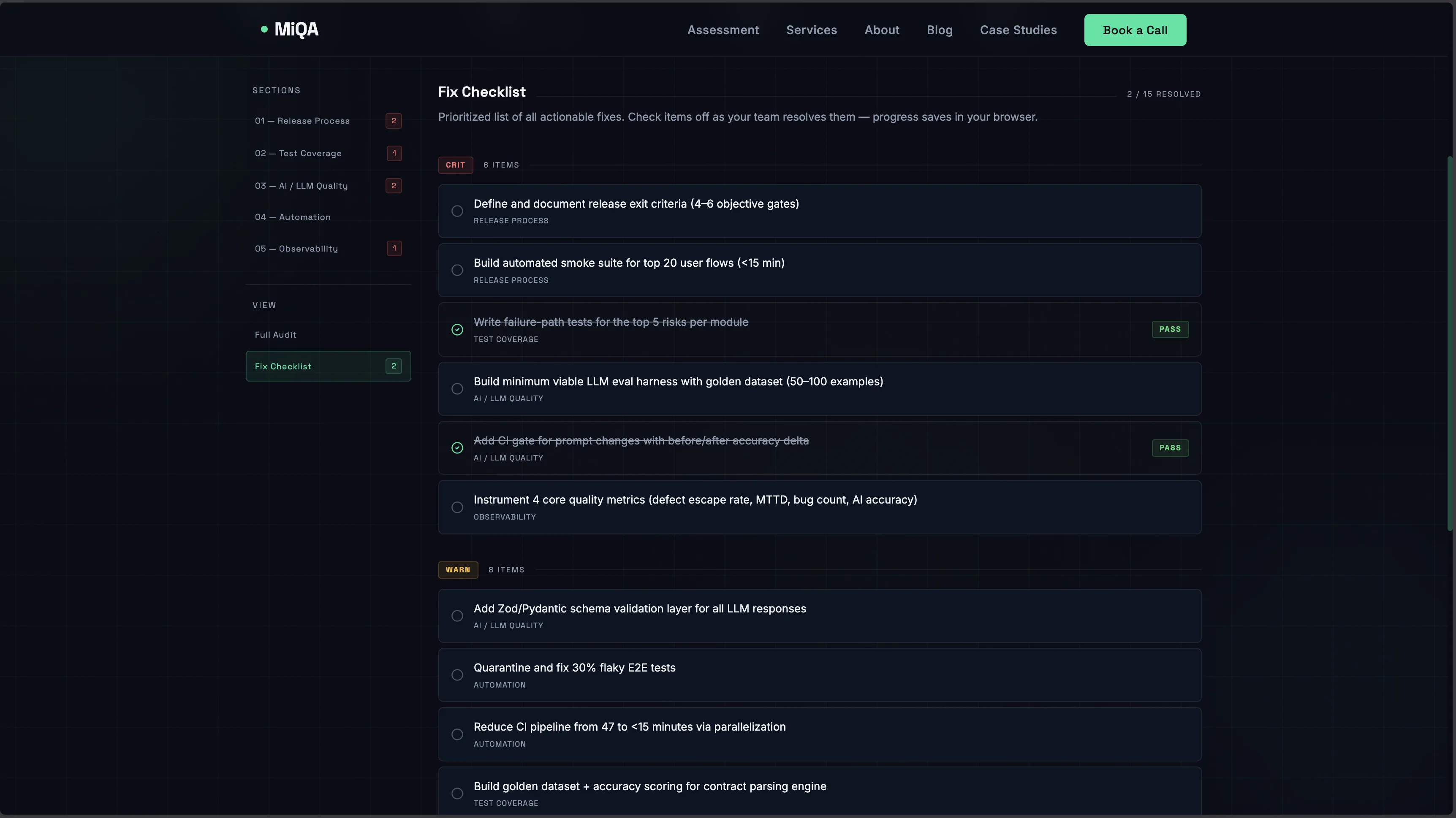 MiQA Audit Dashboard — Fix Checklist view with prioritized action items