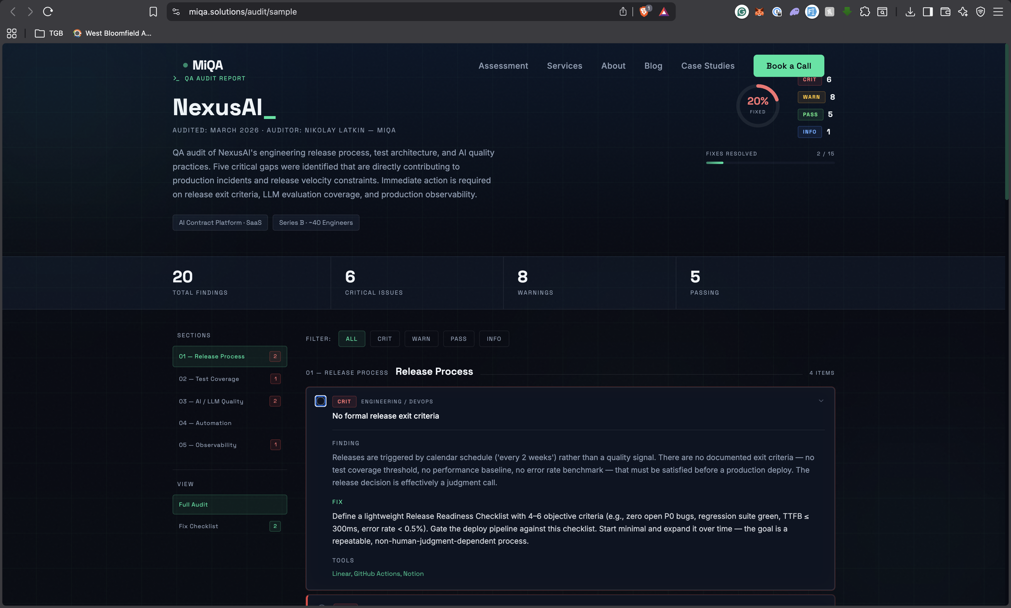 Interactive QA audit dashboard showing 19 findings for a Supabase-powered startup